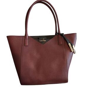 Calvin Klein‎ Leather Double Top Handle Tote Bag Dark Berry/Cherrywood N…